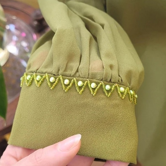 Embellished Olive Green Long Sleeve Shift Dress - Picture 4 of 7